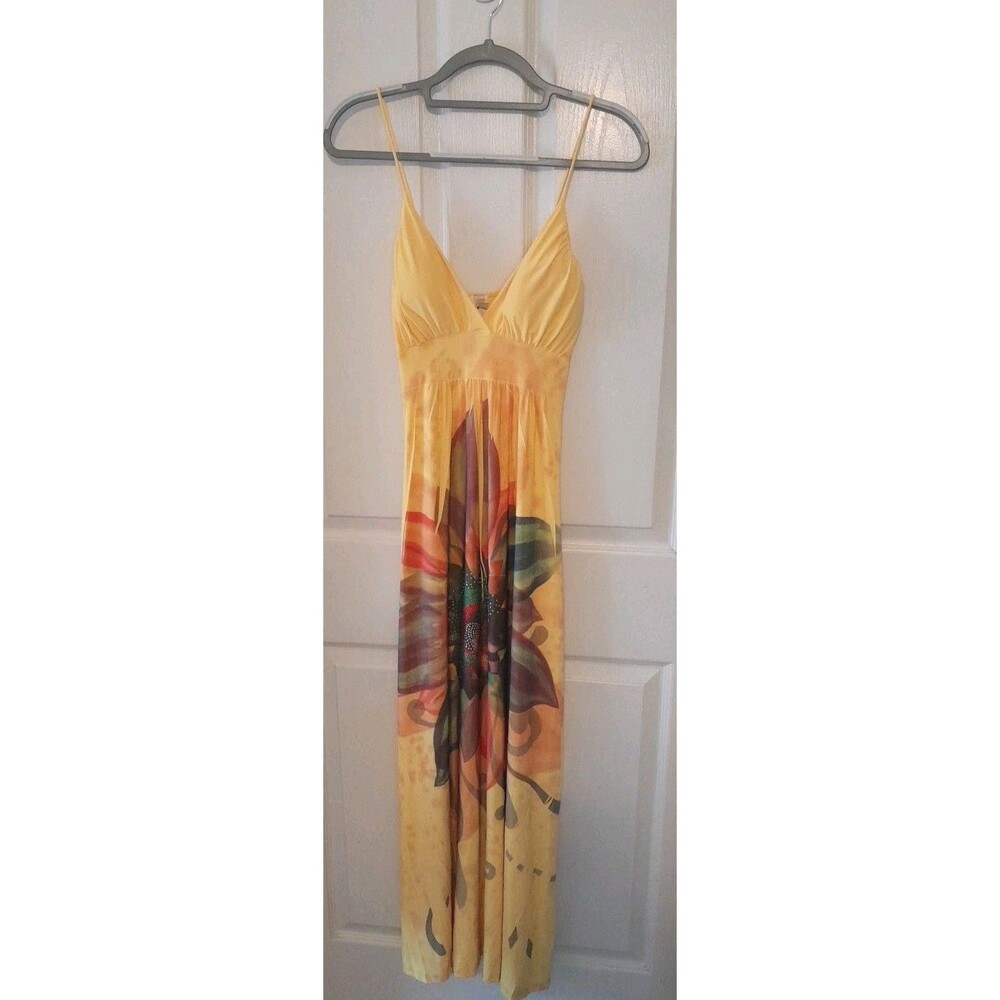 Vintage "I Me' Large Yellow Colorful Beaded Maxi Halter Dress Padded Bust. B10